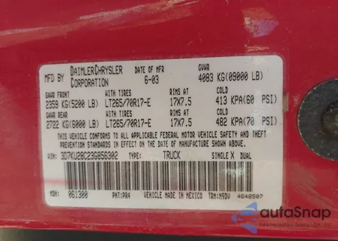 2003 Dodge Ram 2500 Slt/Laramie/St z USA, uszkodzony, nr VIN 3D7KU28C23G856302